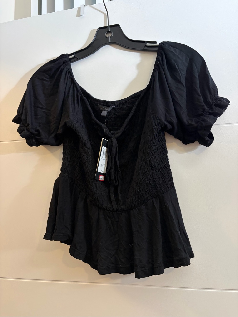 GUESS Black Smocked Puff-Sleeve Peplum Blouse